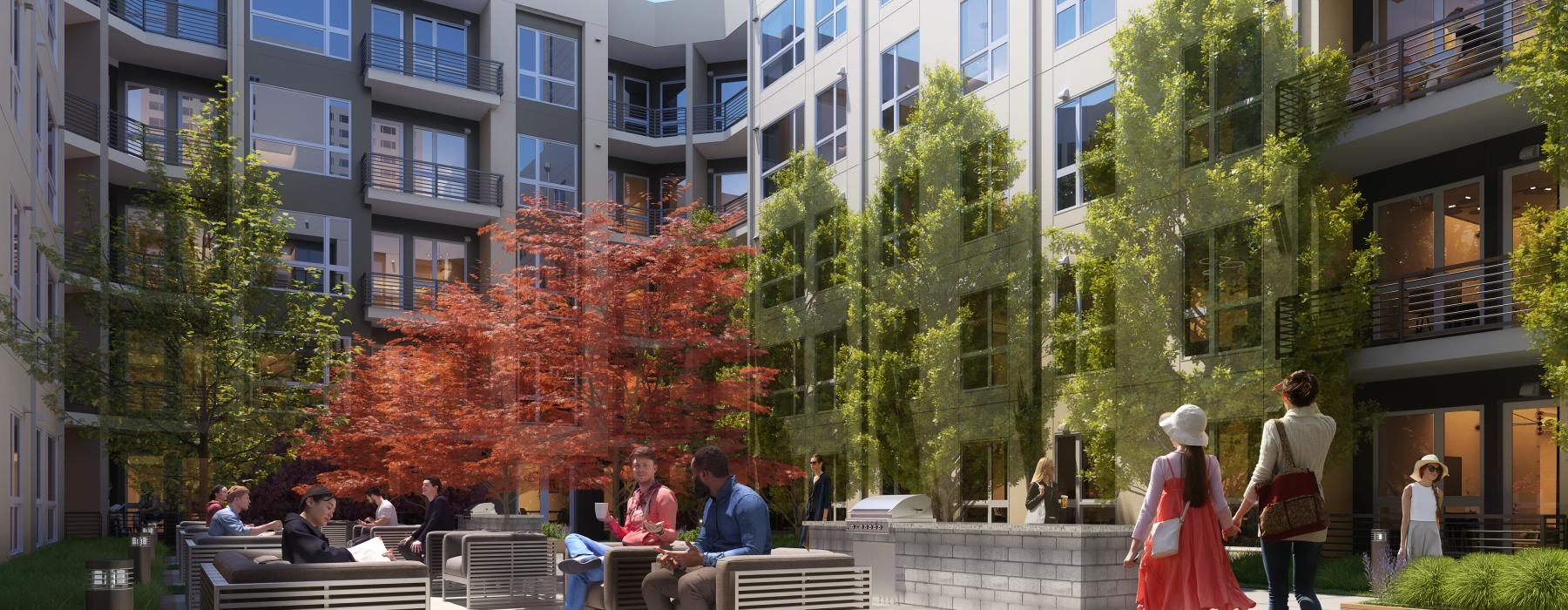 a couple people sitting on a bench in front of a building with trees throughout a courtyard