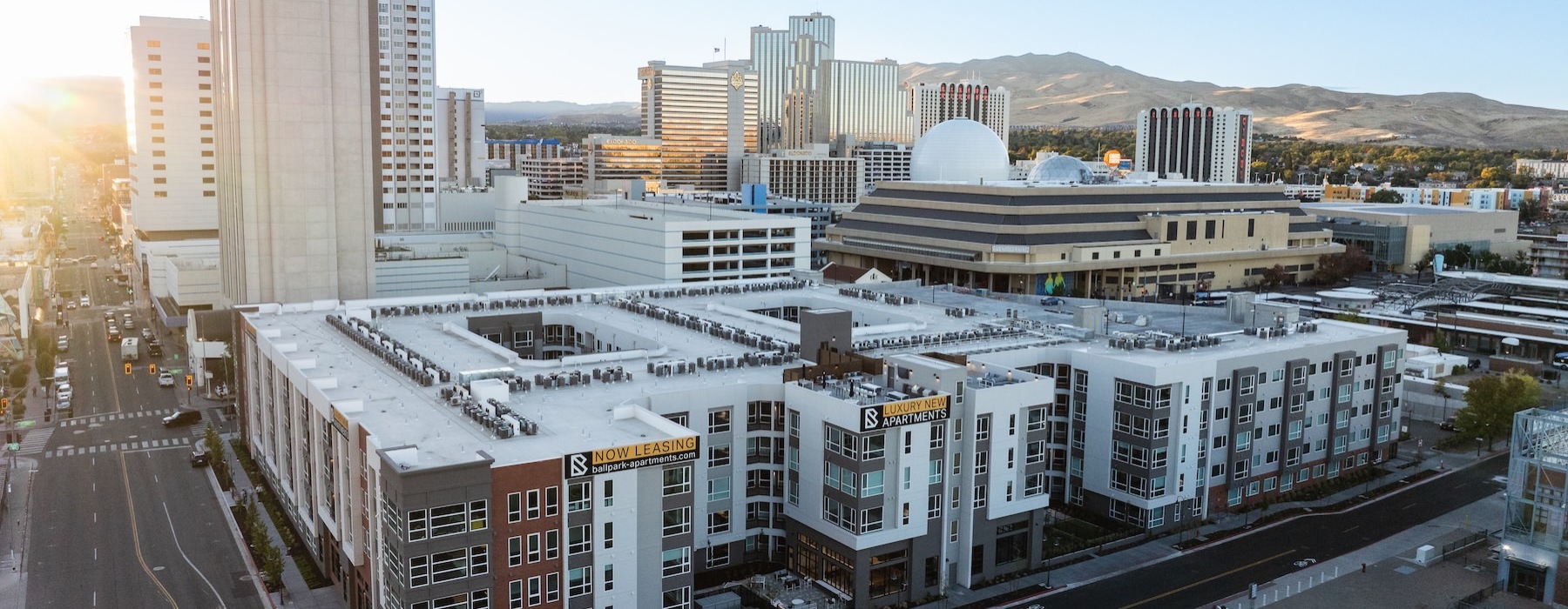 aerial view of a city with many building and the 